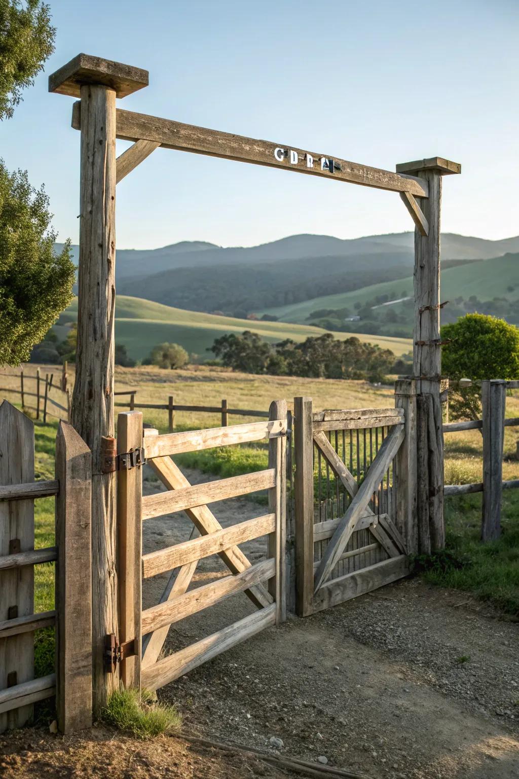 A sophisticated farm gate made from cedar wood.