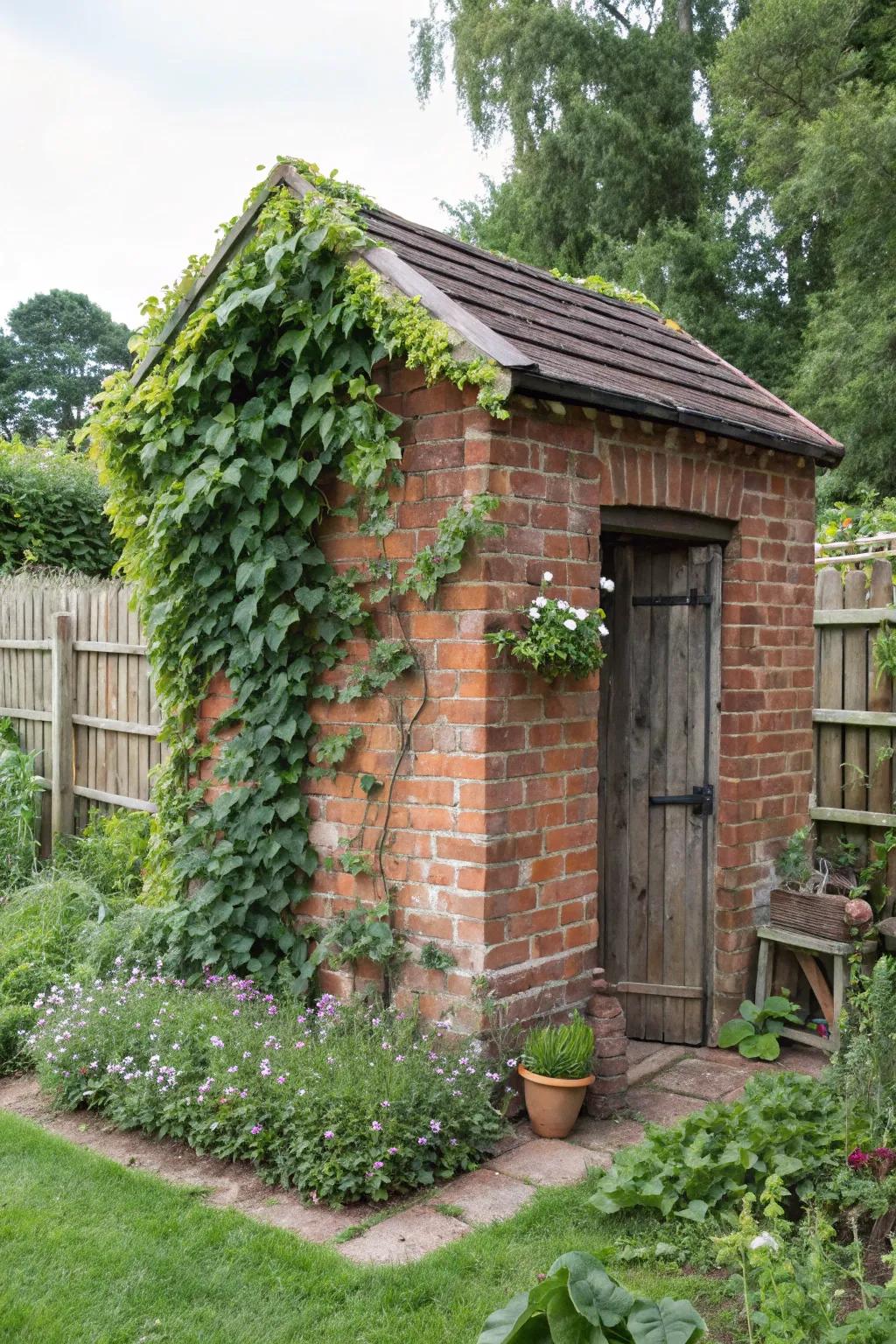 A charming brick shed adorned with climbing vines.