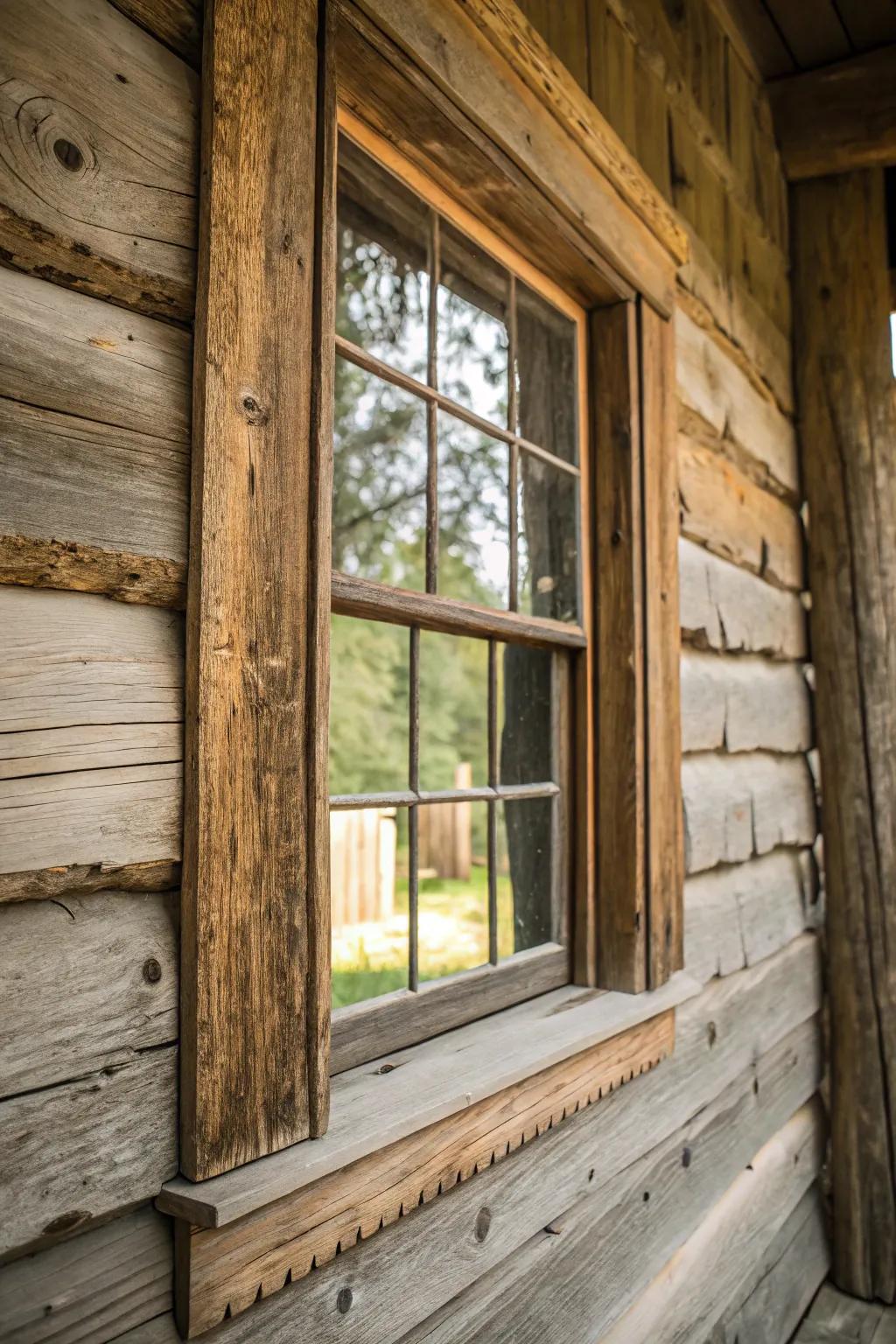 Weathered pine trims bring vintage charm to your home.