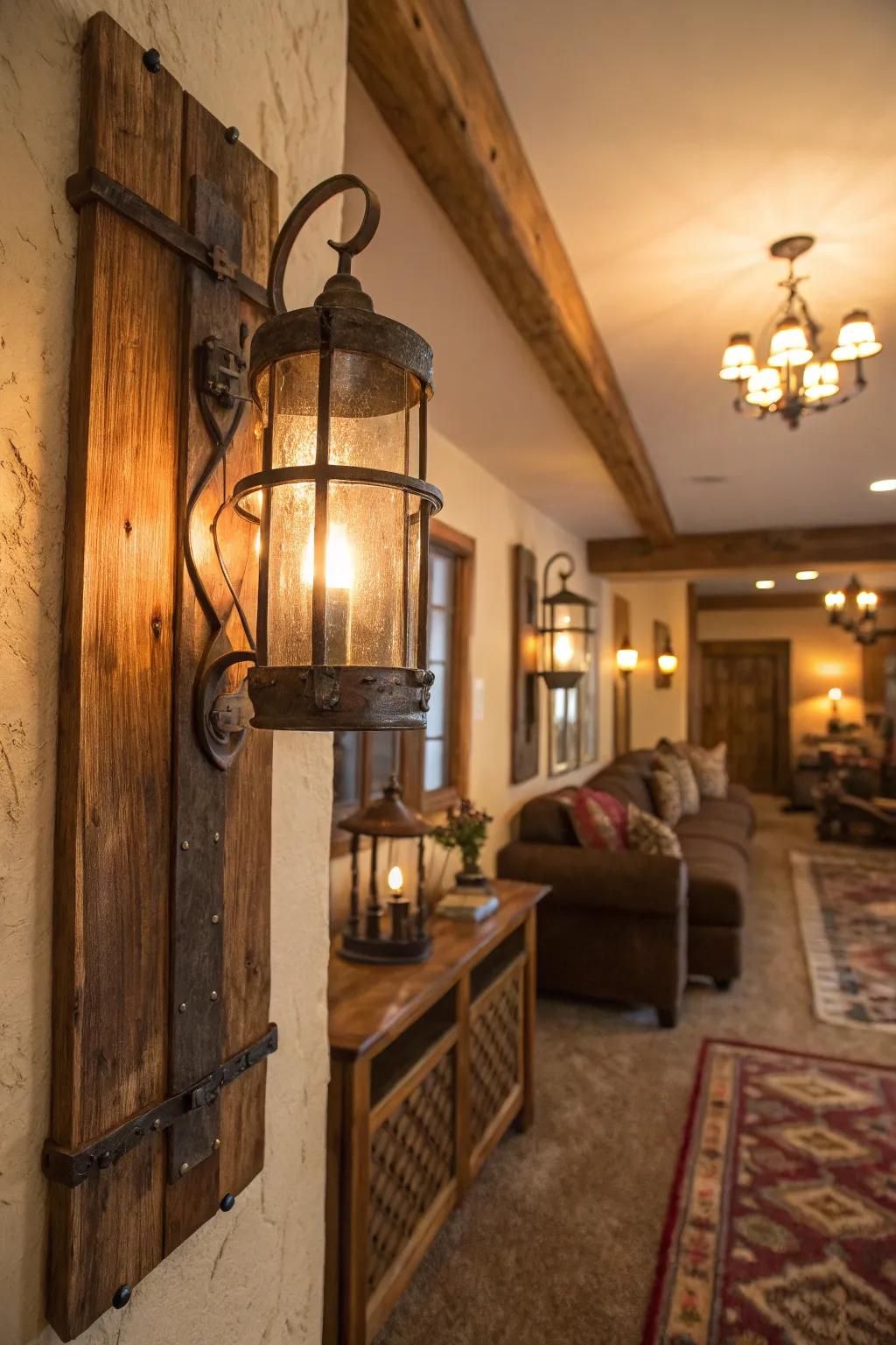 Rustic wall sconces add warmth and ambiance to a cozy room setting.