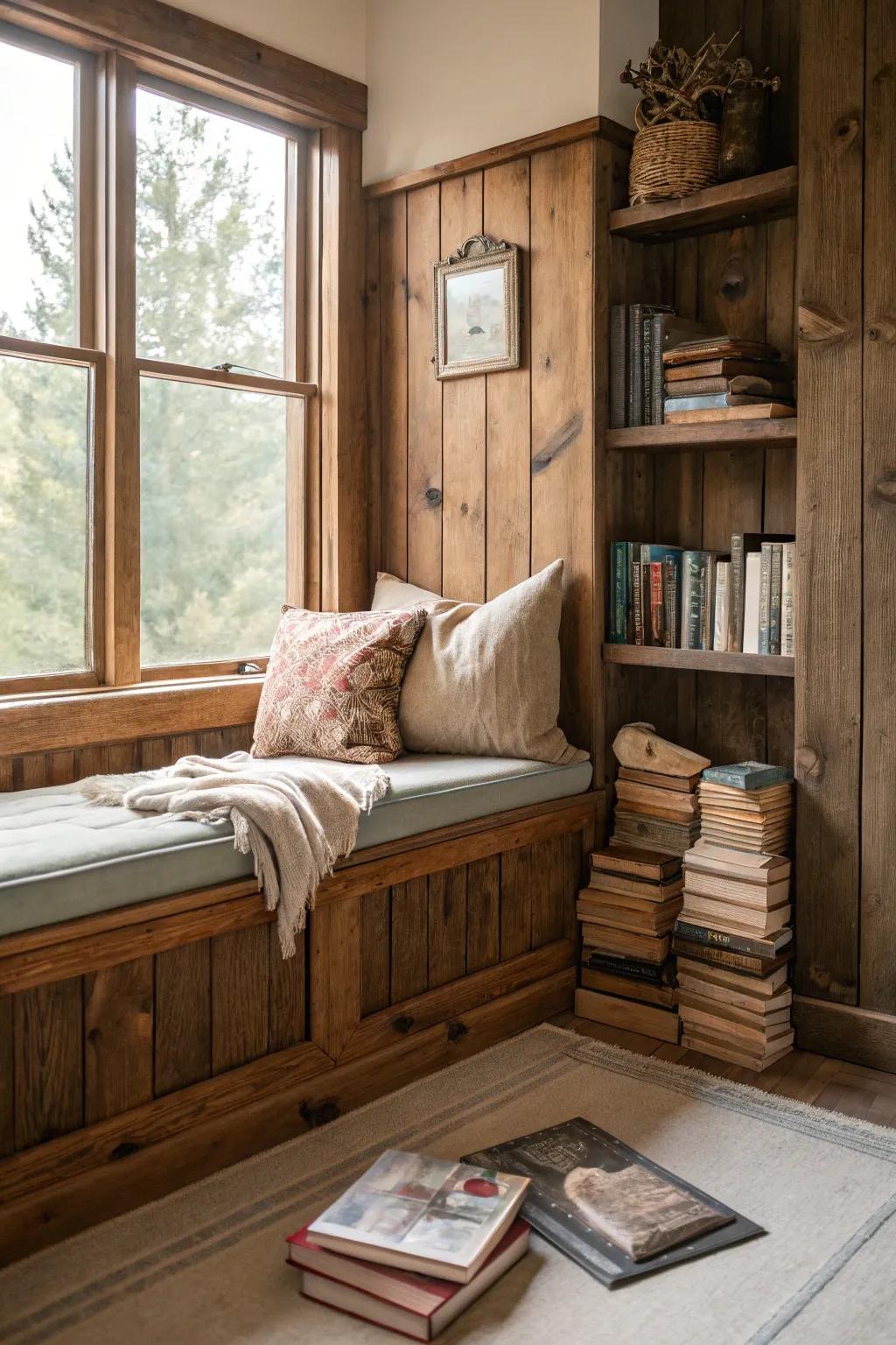 Create a cozy reading nook with rustic wainscoting and comfy seating.