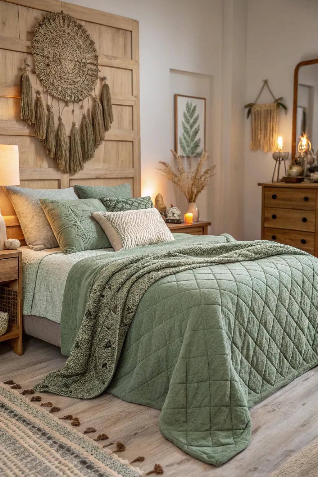 Layered textures in sage green create a rich, inviting atmosphere in your bedroom.