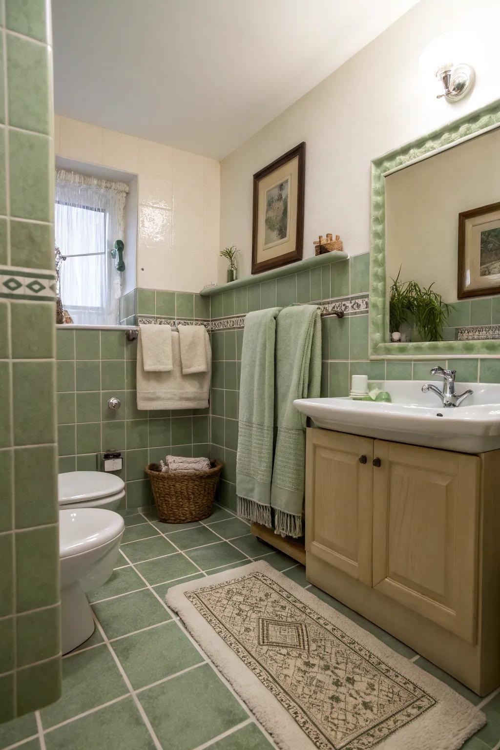A bathroom with sage green decor accents that enhance the overall aesthetic.