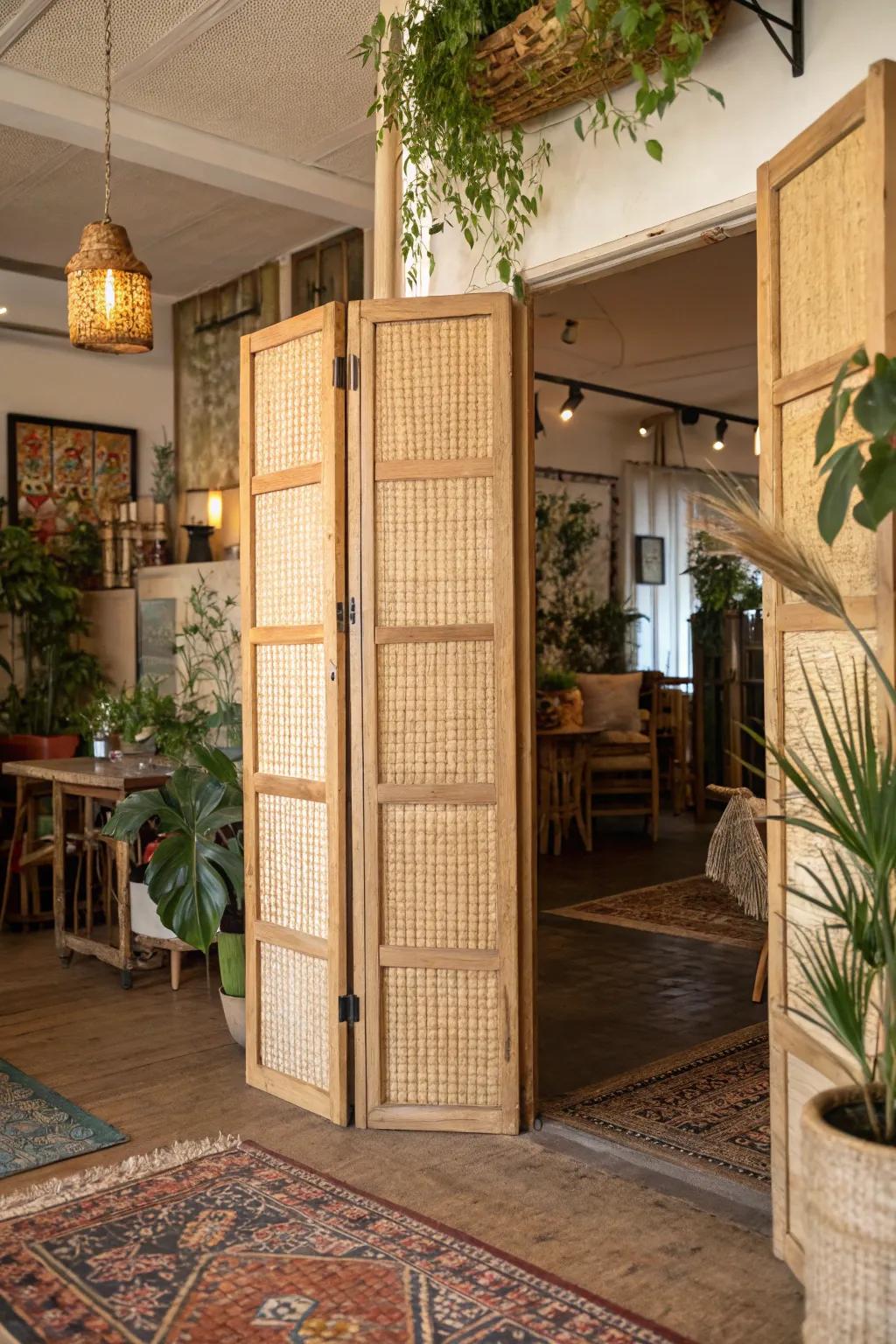 Natural textures with woven panel saloon doors.
