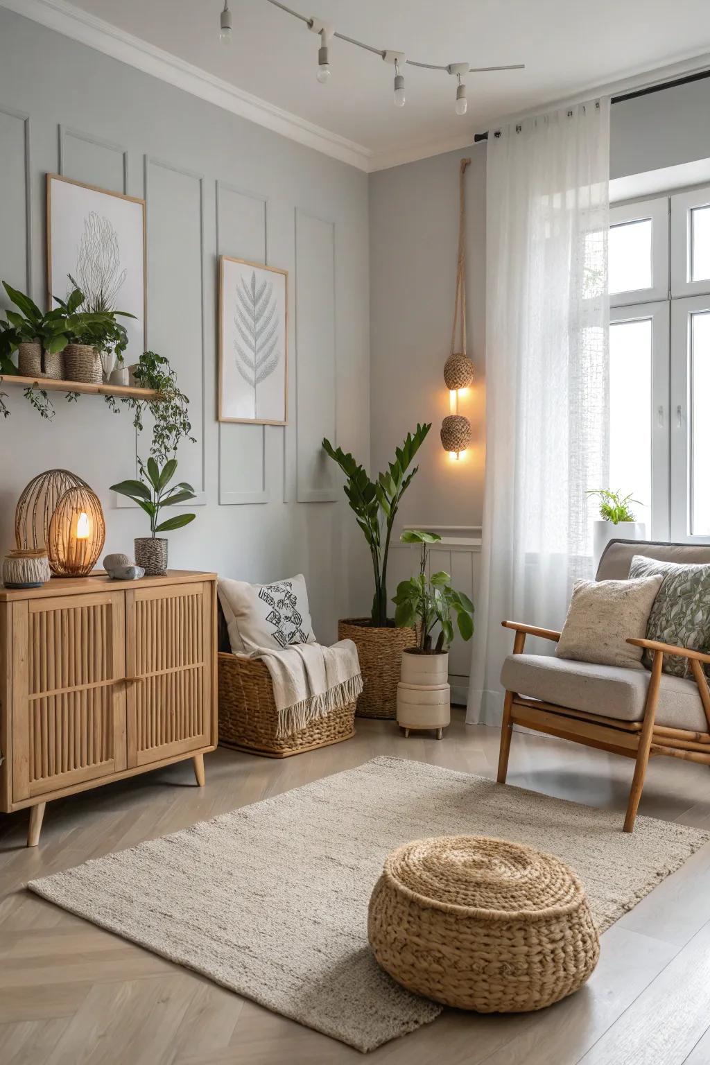 Pops of color complement the neutral palette in this Scandinavian room.