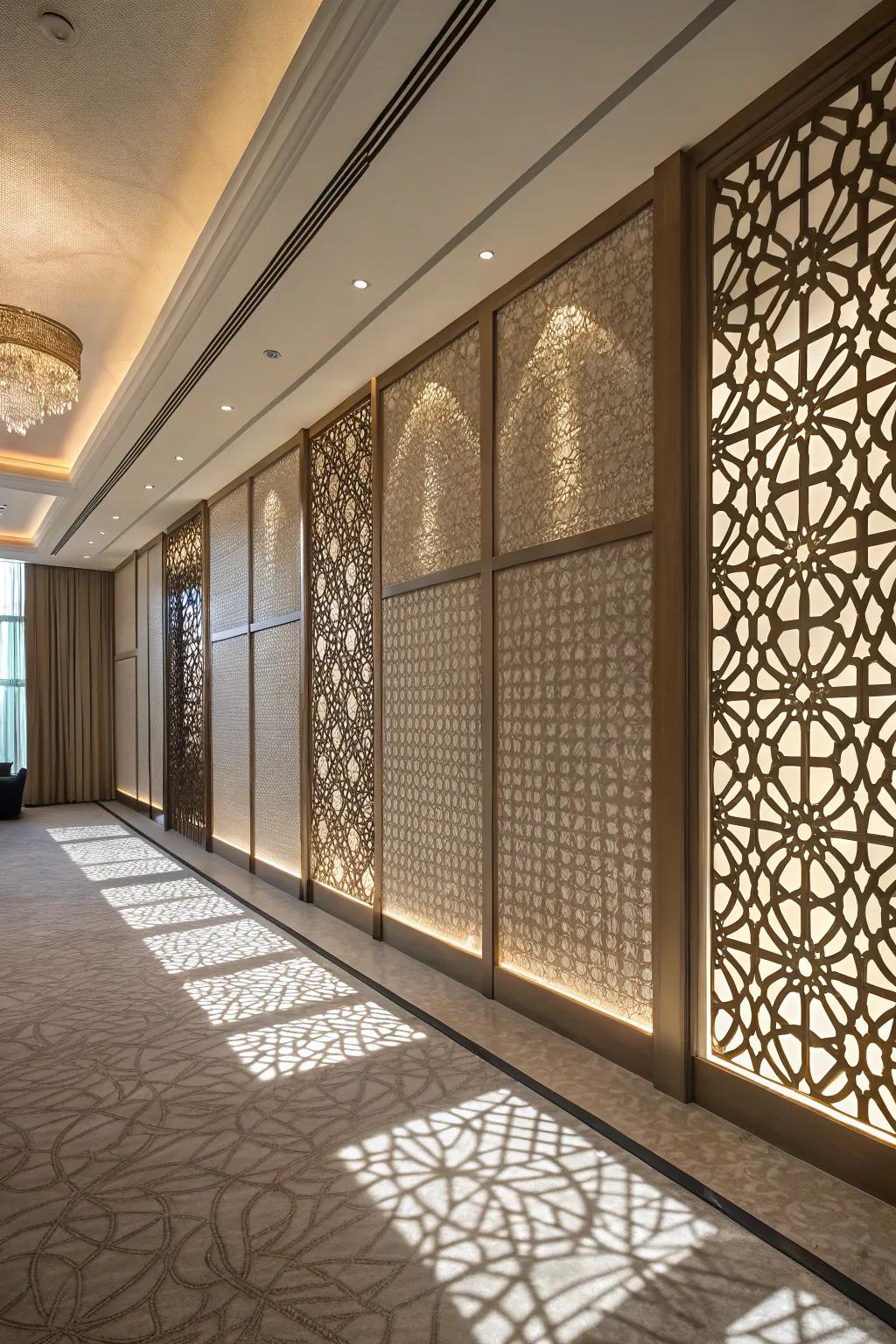 Textured screen walls create dynamic light and shadow effects.