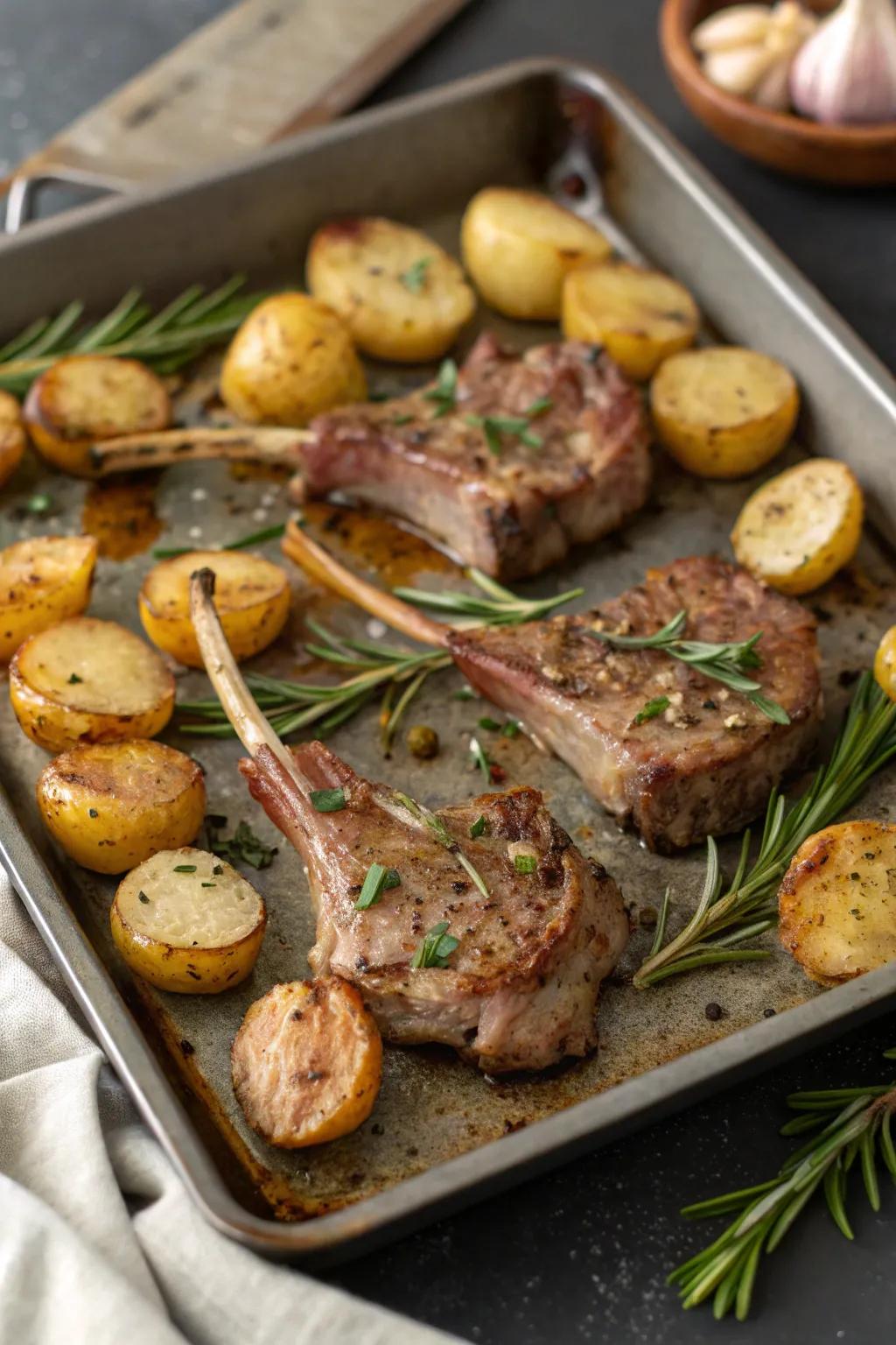 Rosemary garlic lamb chops with potatoes, a touch of elegance.