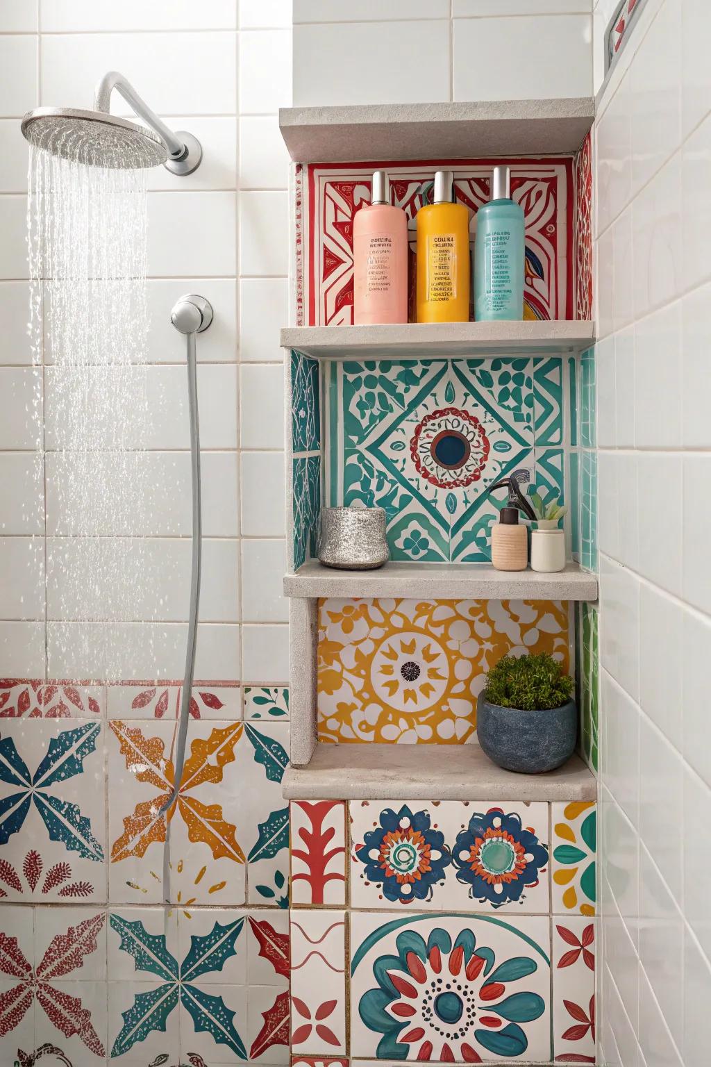 Ceramic tile shelves with bold patterns add artistic flair.