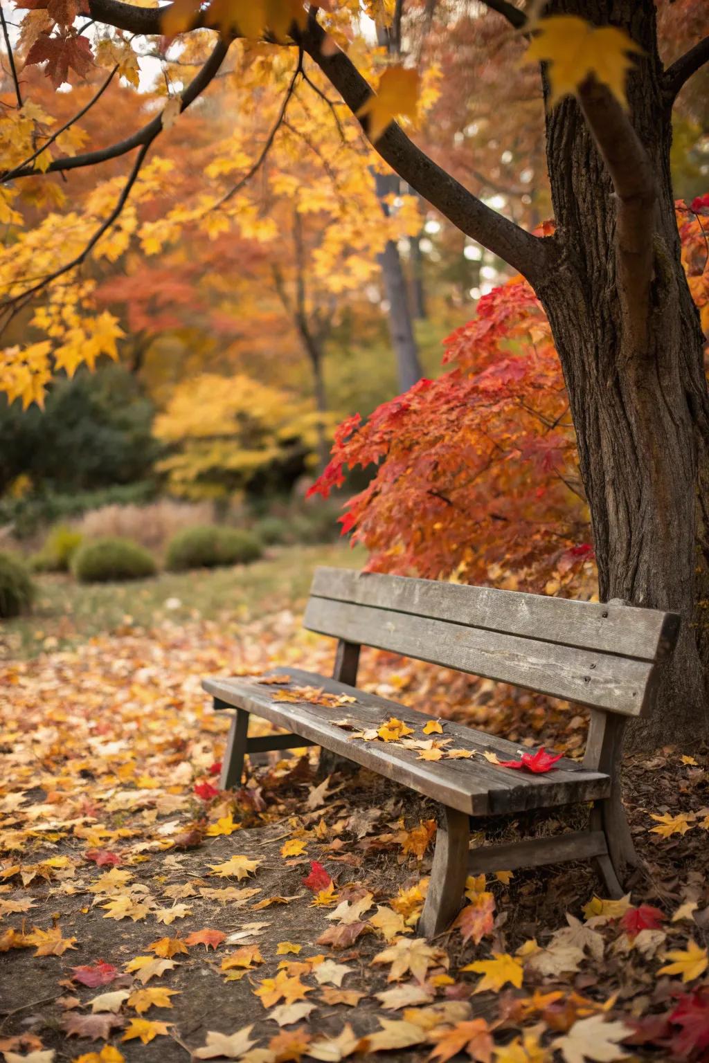 A wooden bench highlights the natural beauty of fall.