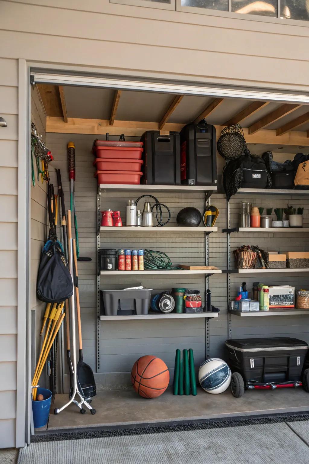 Shelves on a slatwall provide space for storing larger items.