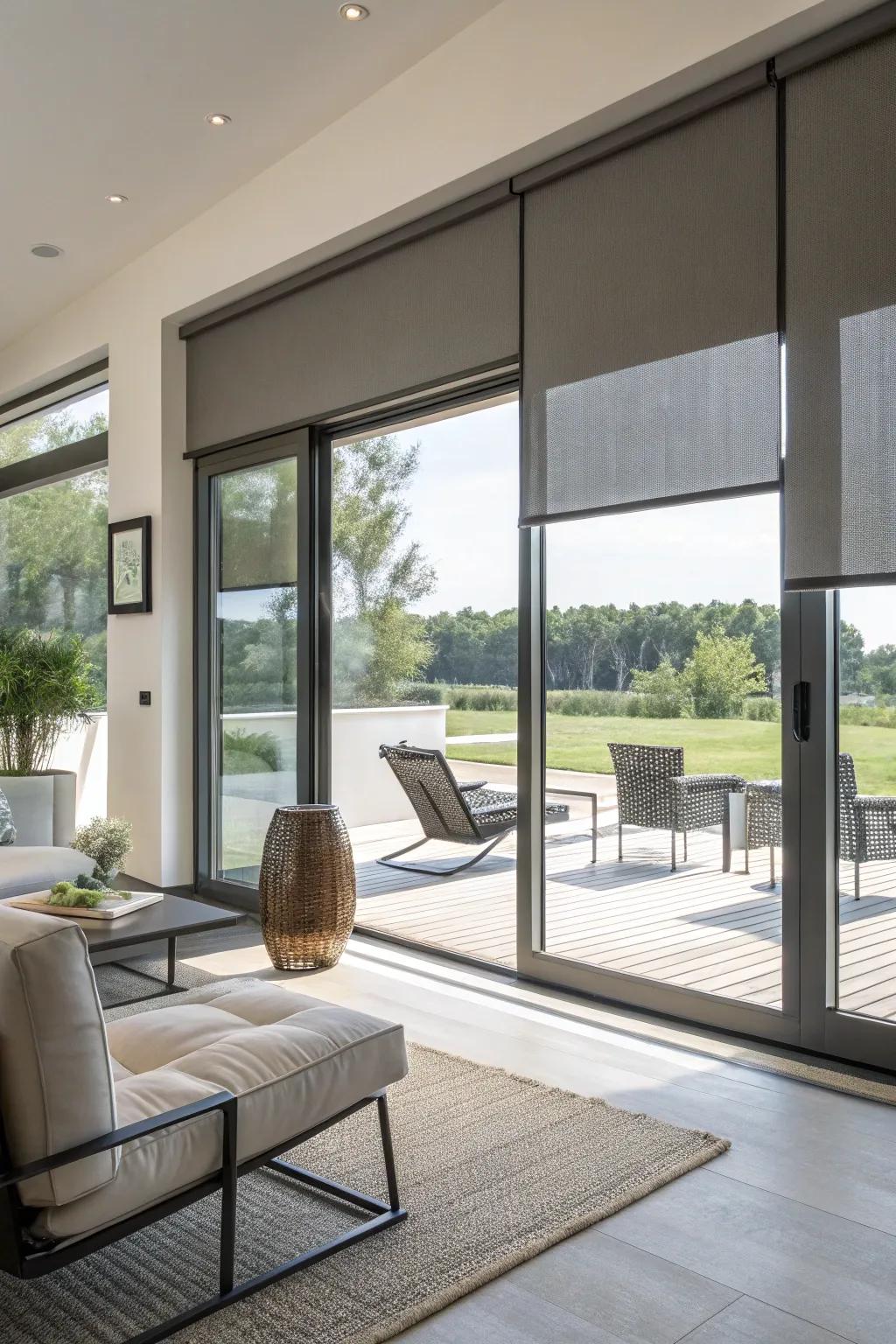 Motorized shades offer luxury and convenience.