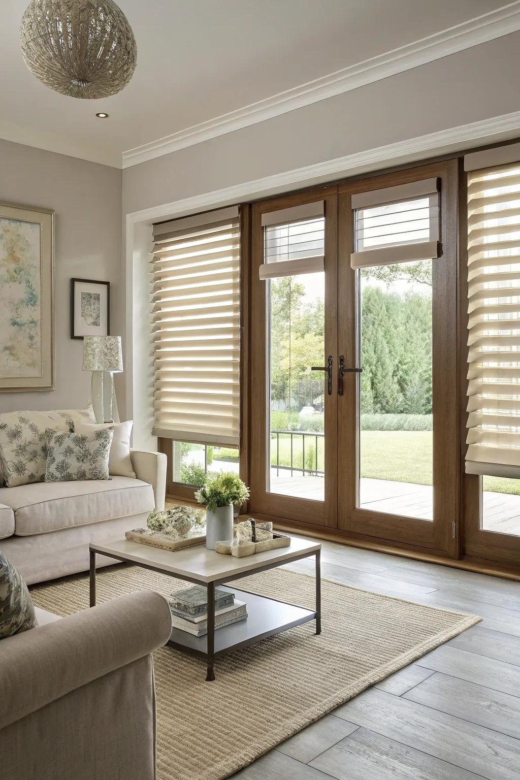 Layered blinds offer versatility and style.