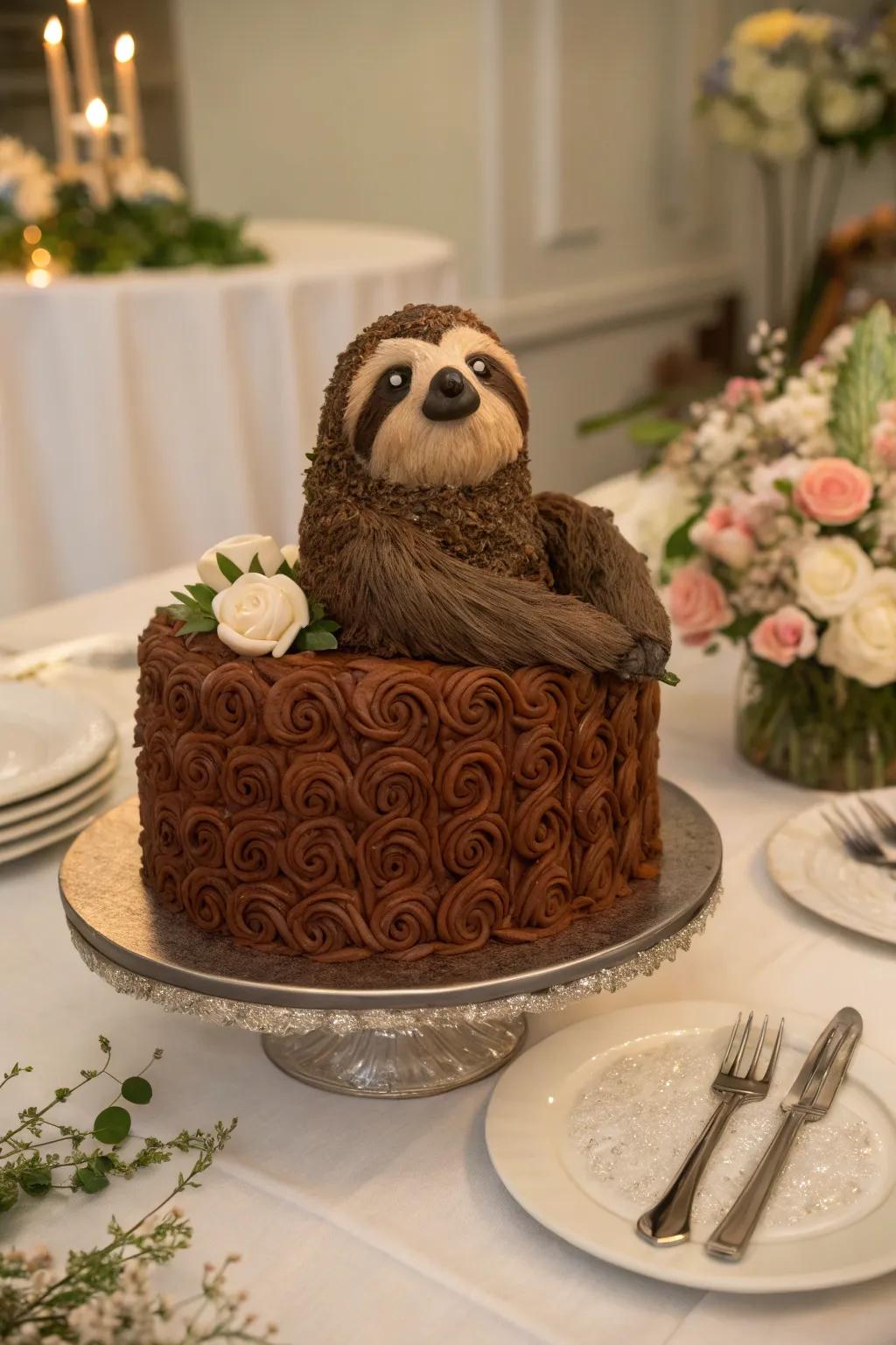 Textured chocolate fur adds realism to the sloth cake.