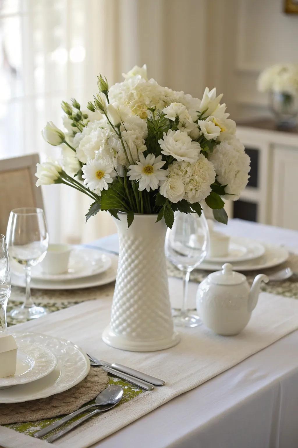 Monochrome elegance with a timeless white floral centerpiece.