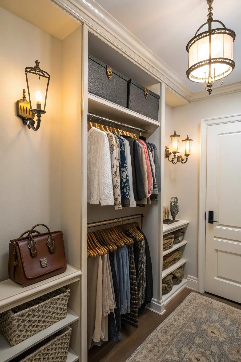 Wall sconces add elegance and light to a small closet.