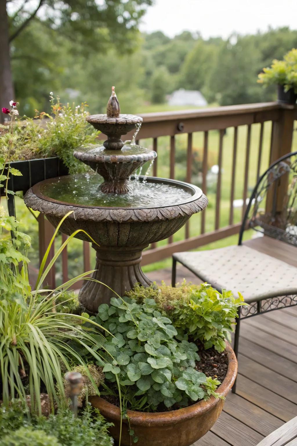 A calming water feature on a small deck.