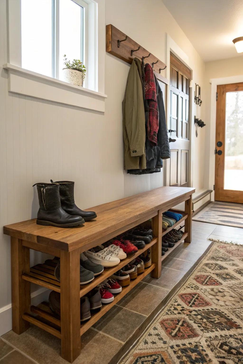 Under-bench storage keeps shoes organized and out of sight.