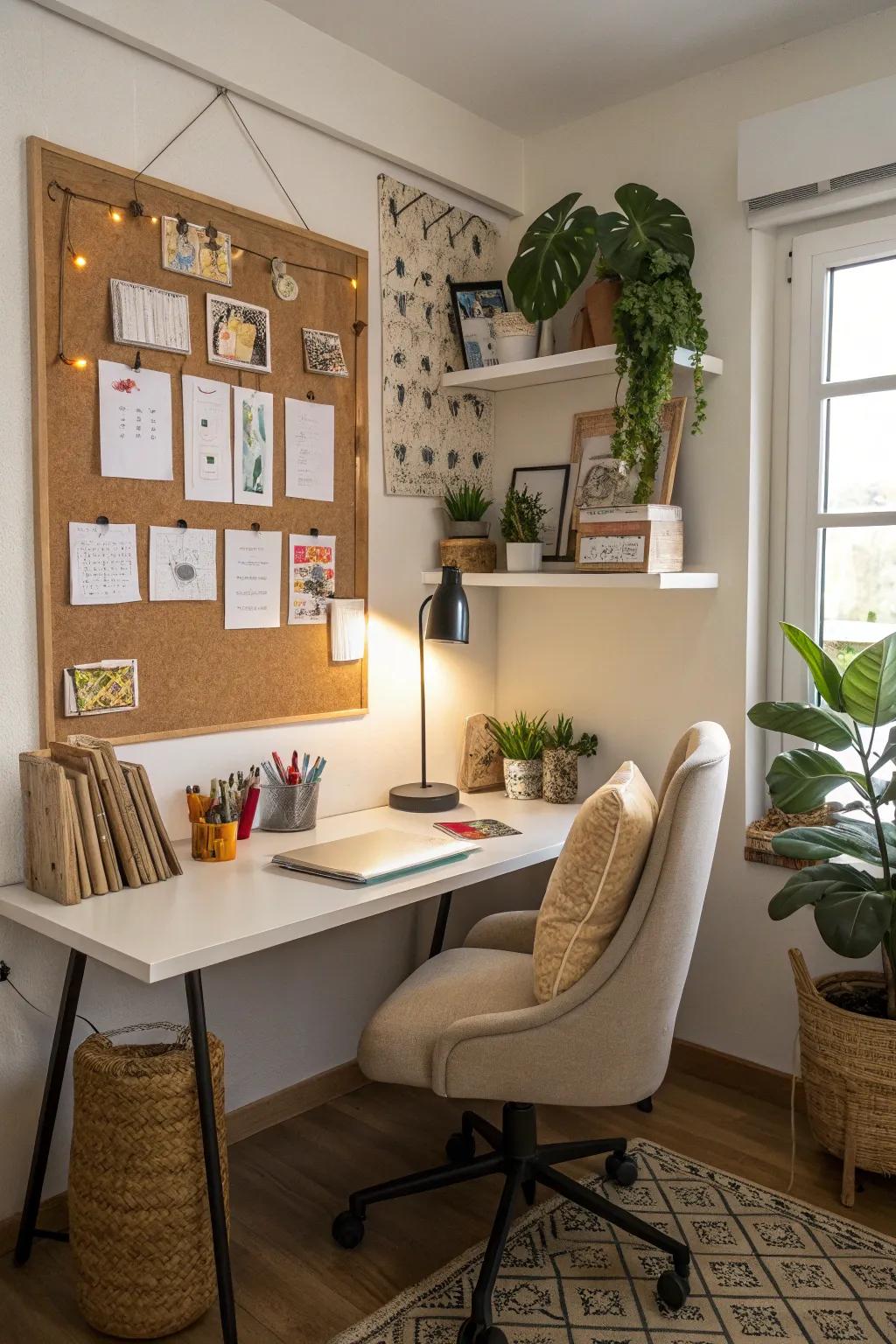 A wall featuring a corkboard for a functional and stylish office.