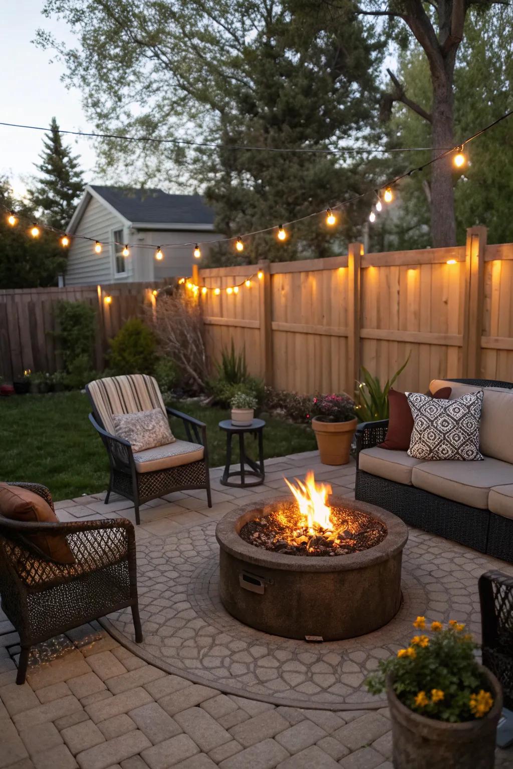 A portable fire pit provides warmth and ambiance.