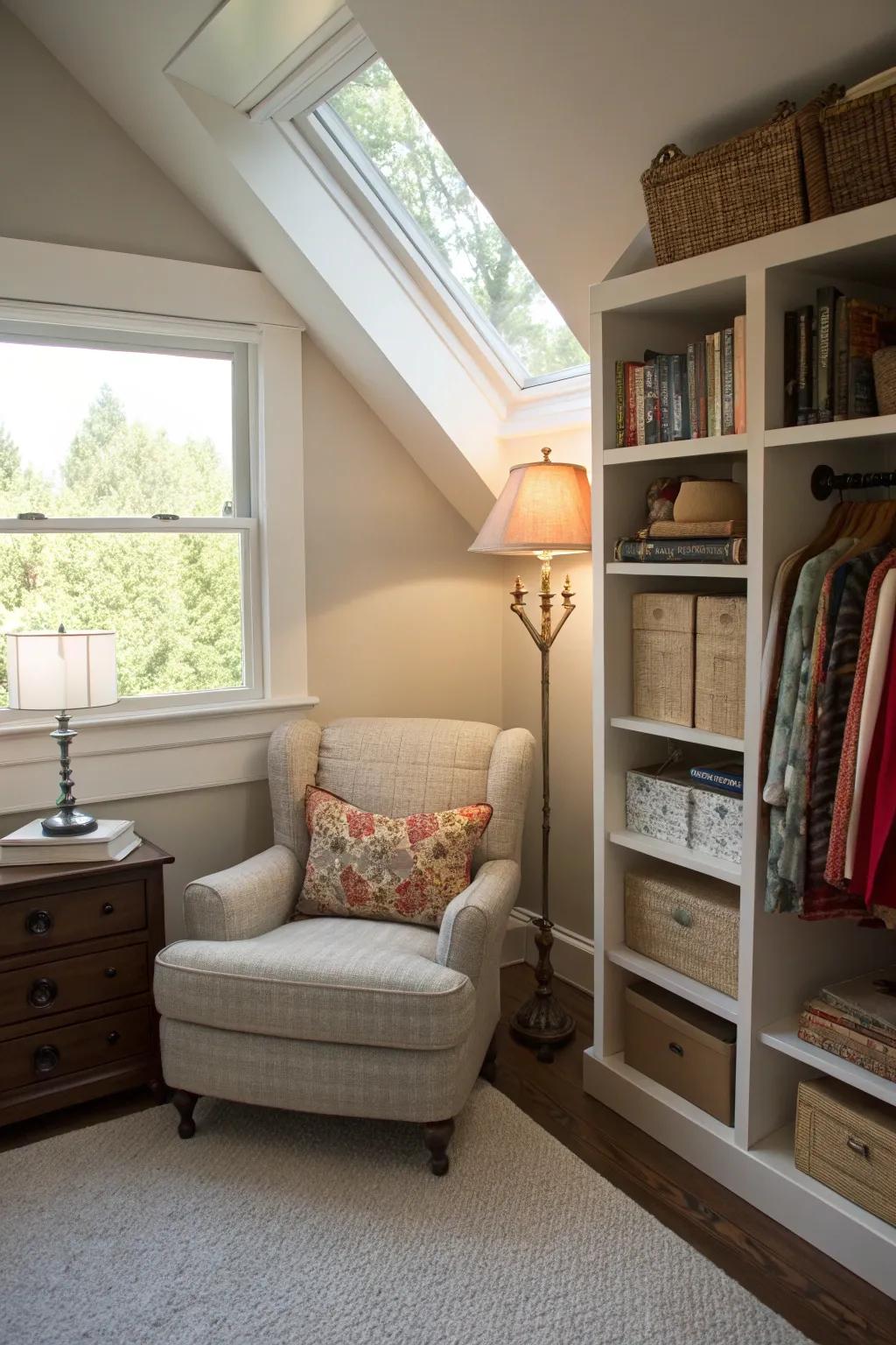 A reading nook by the window adds charm and functionality.