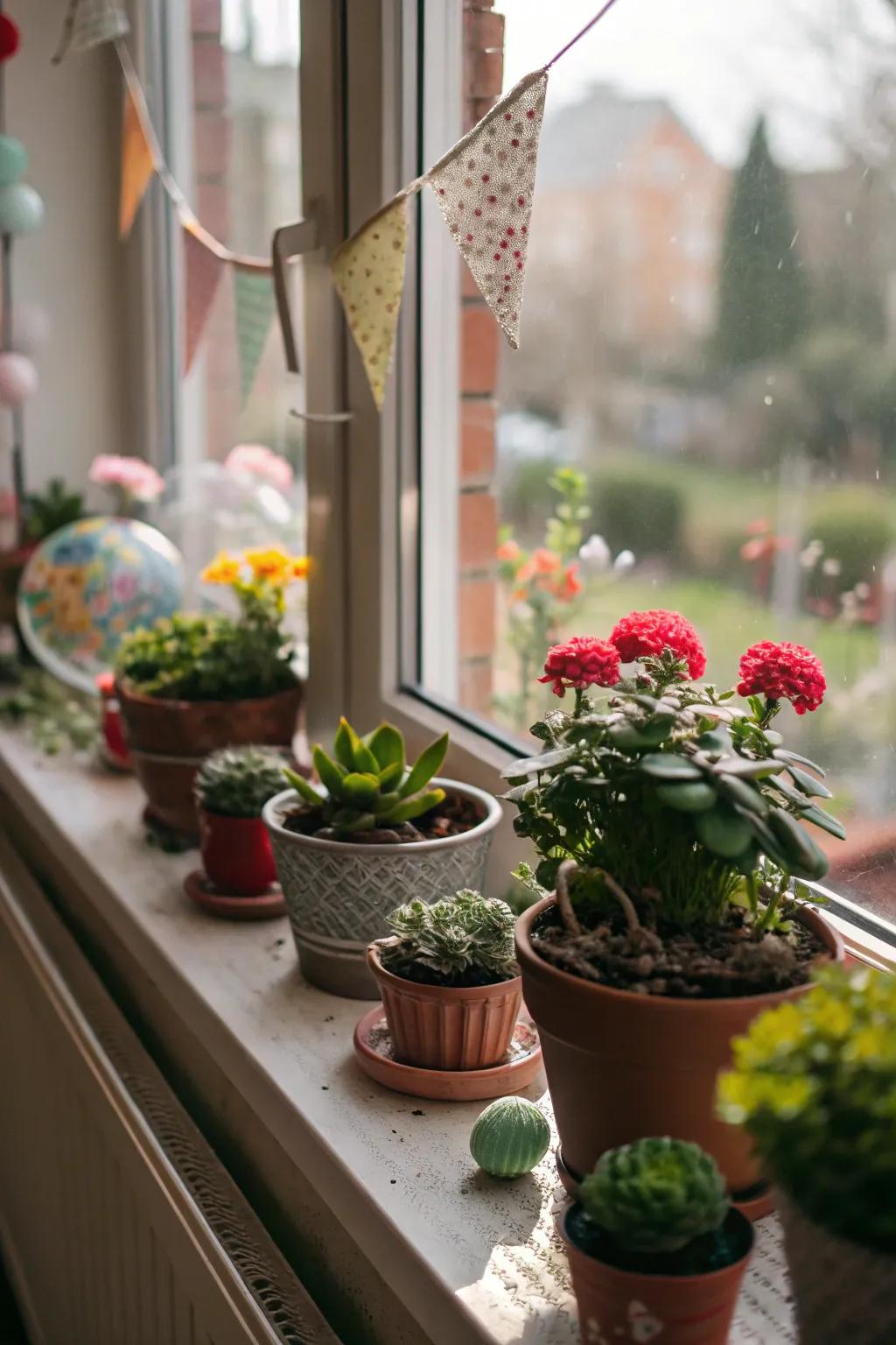 A window sill creatively used for displaying plants and decor.