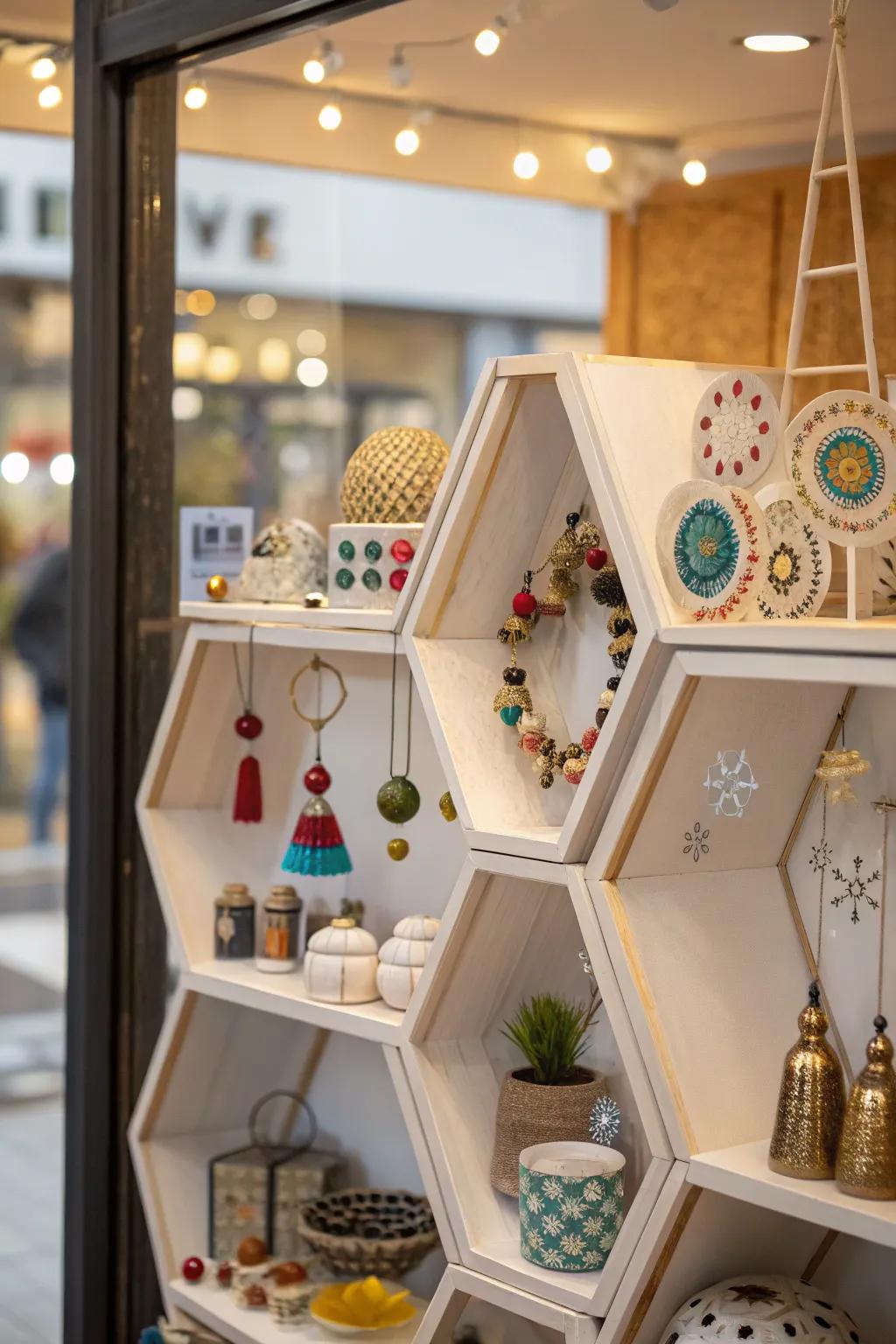 Geometric shapes adding visual interest to a small window display.