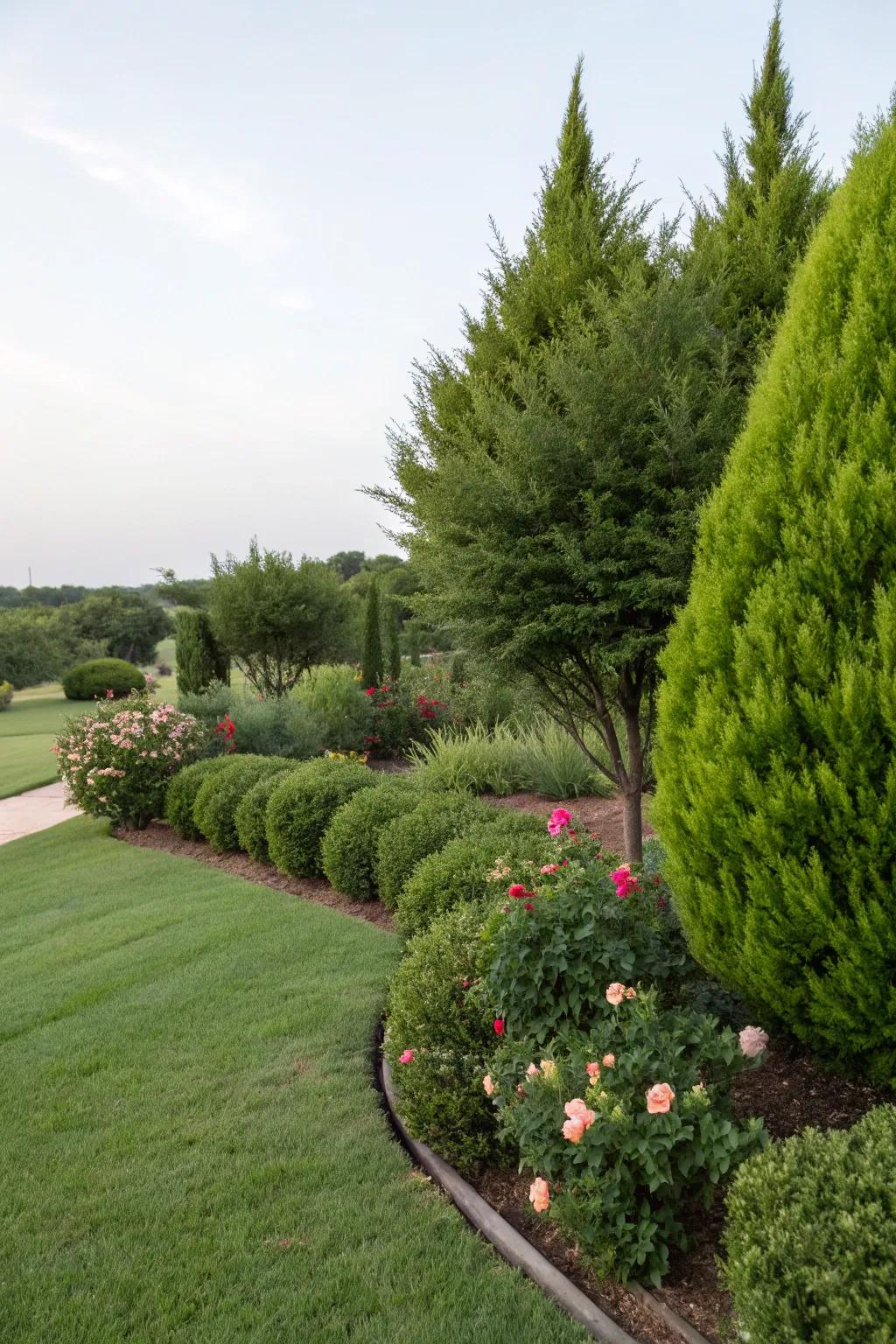 Evergreen shrubs offering year-round charm in a garden.