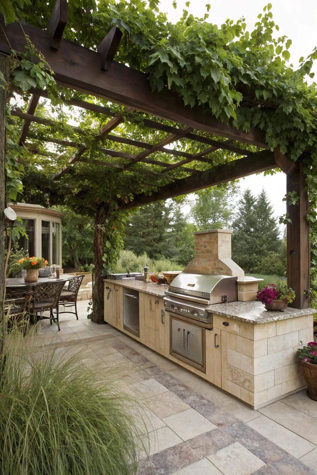 A vine-covered pergola provides shade and charm to this beautiful outdoor kitchen.