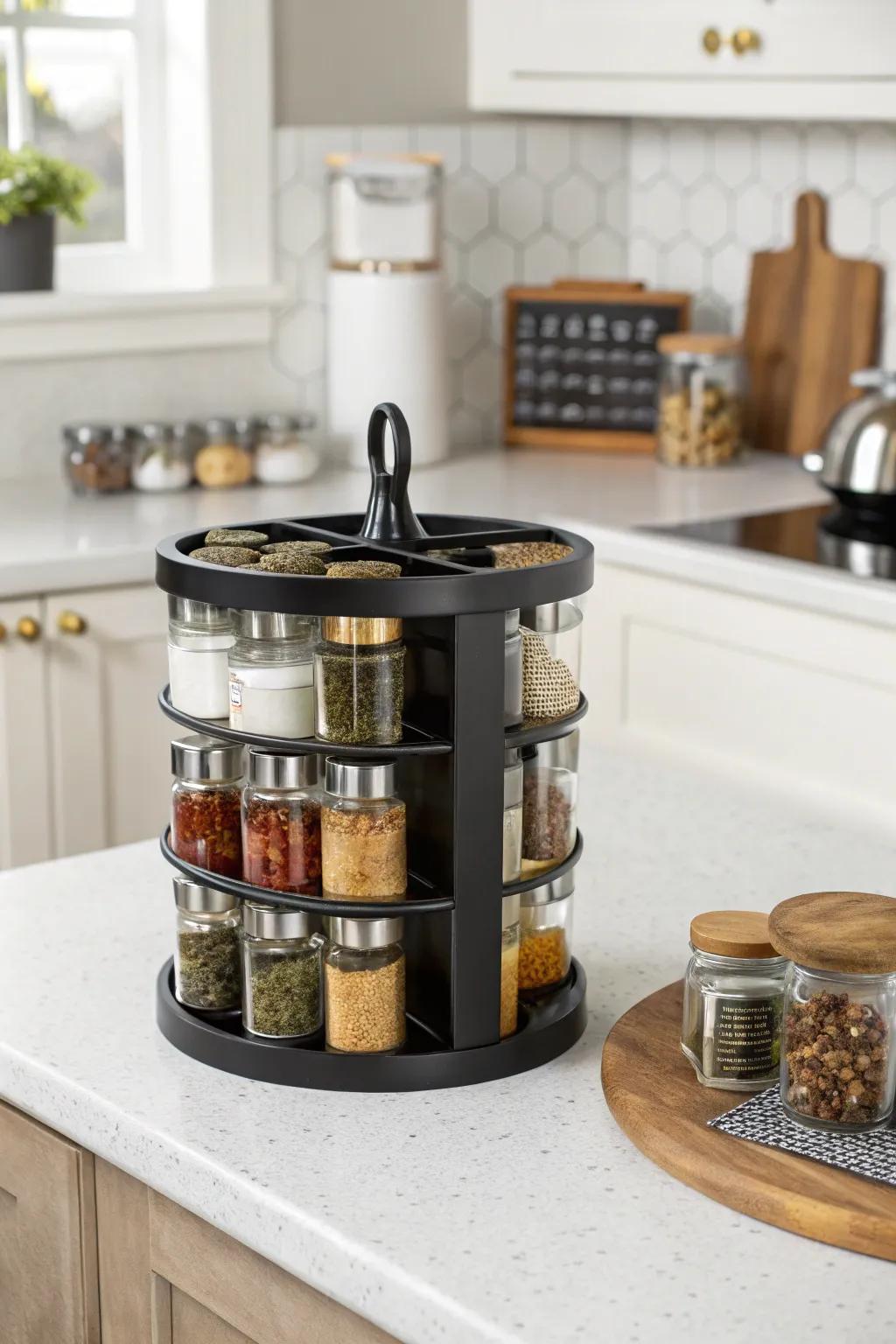 A charming half-moon spice rack for everyday use.