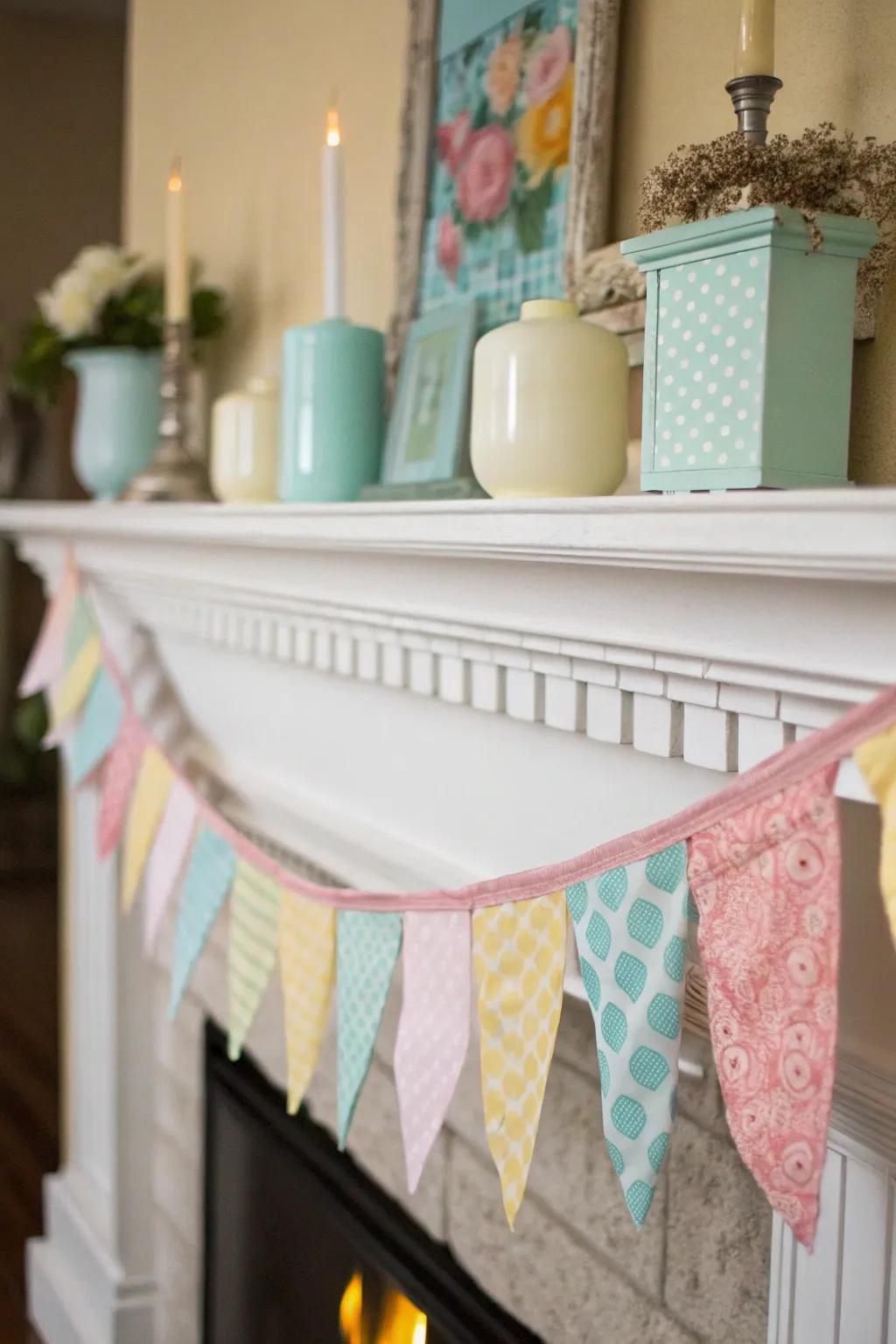 A fabric banner adds a personal touch to the mantel.