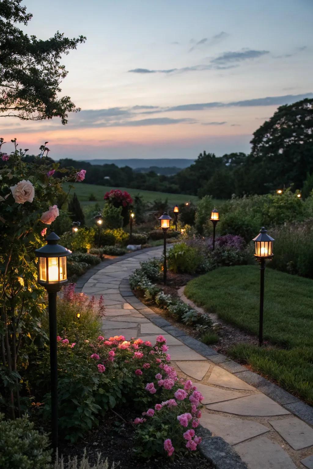 Garden lighting creates a magical atmosphere, highlighting paths and plants at night.