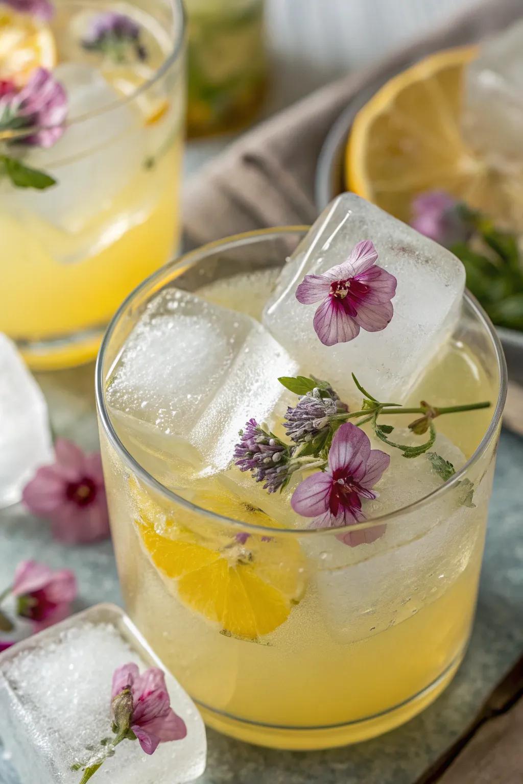 Edible flower ice cubes add a whimsical touch to beverages.