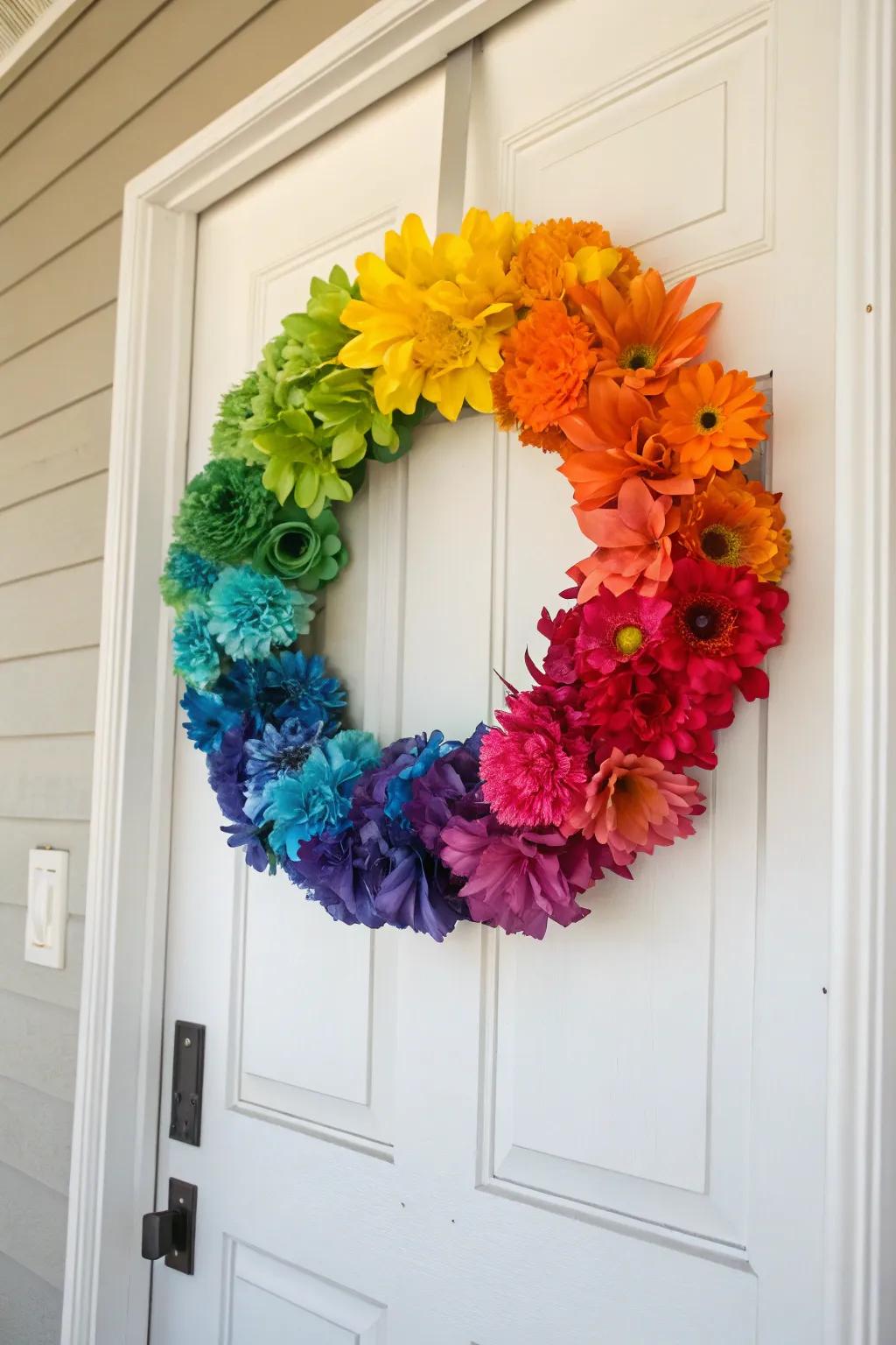 A bright and cheerful rainbow wreath for a colorful welcome.