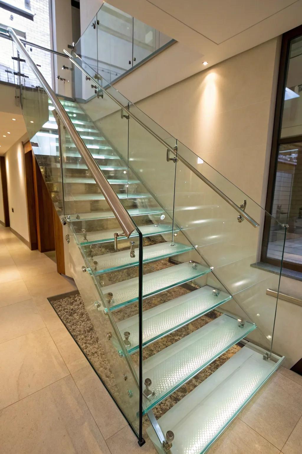 Glass treads offer an airy, modern aesthetic.