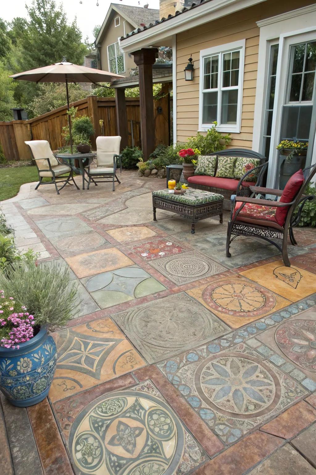 Multicolor mosaics add artistic flair to this patio.