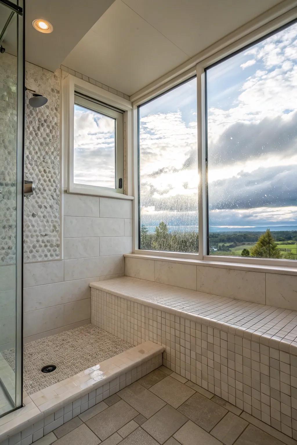 Step-down shower bathed in natural light, thanks to a strategically placed window.