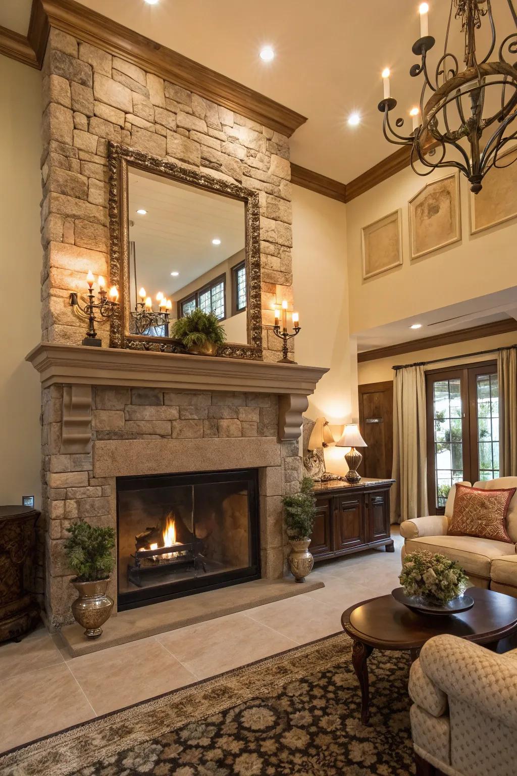 An elegant space with a stone fireplace and a large mirror enhancing the room.