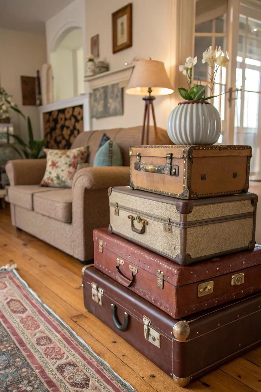 Vintage suitcases stacked for decor and storage.