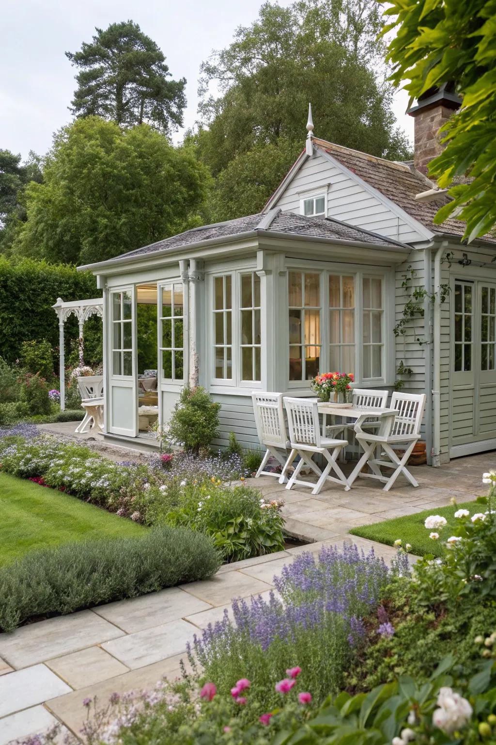 A chic summer house in soft grey, perfect for any garden style.