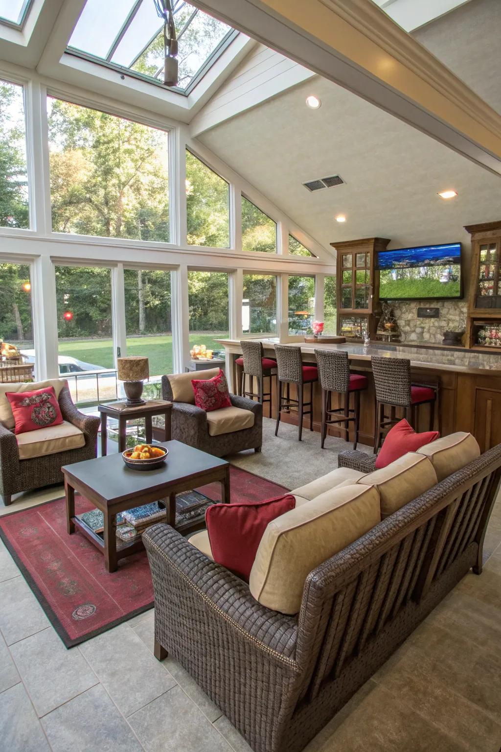 A multi-functional design enhances the versatility of your sunroom bar.