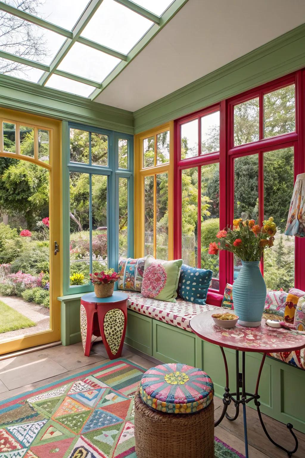 Colorful window frames add personality to your sunroom.