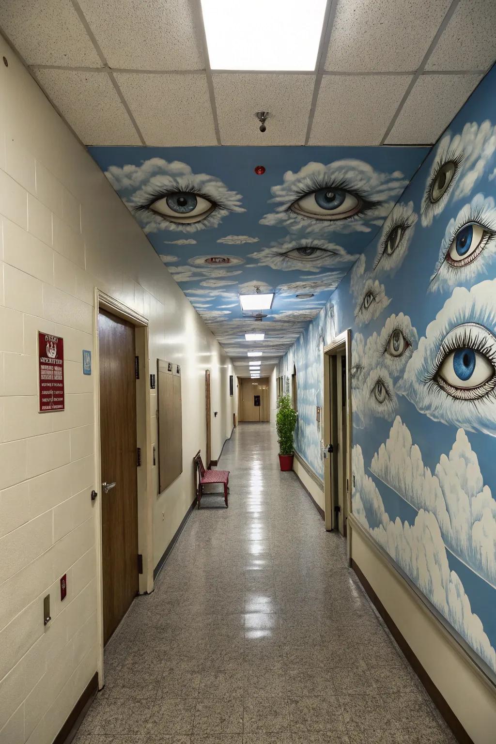 A hallway featuring skies filled with eyes.