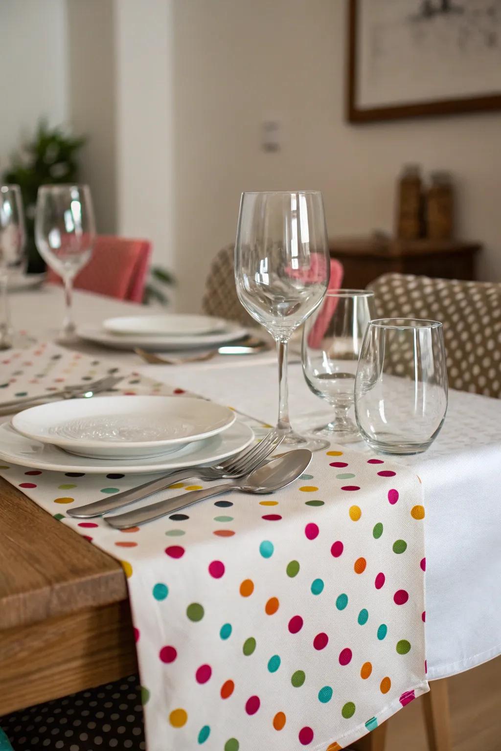 Polka dot table runner for a fun and cheerful dining setup.