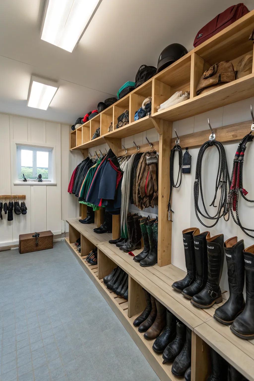 Boot shelves with hooks in a tack room for cleanliness and convenience.