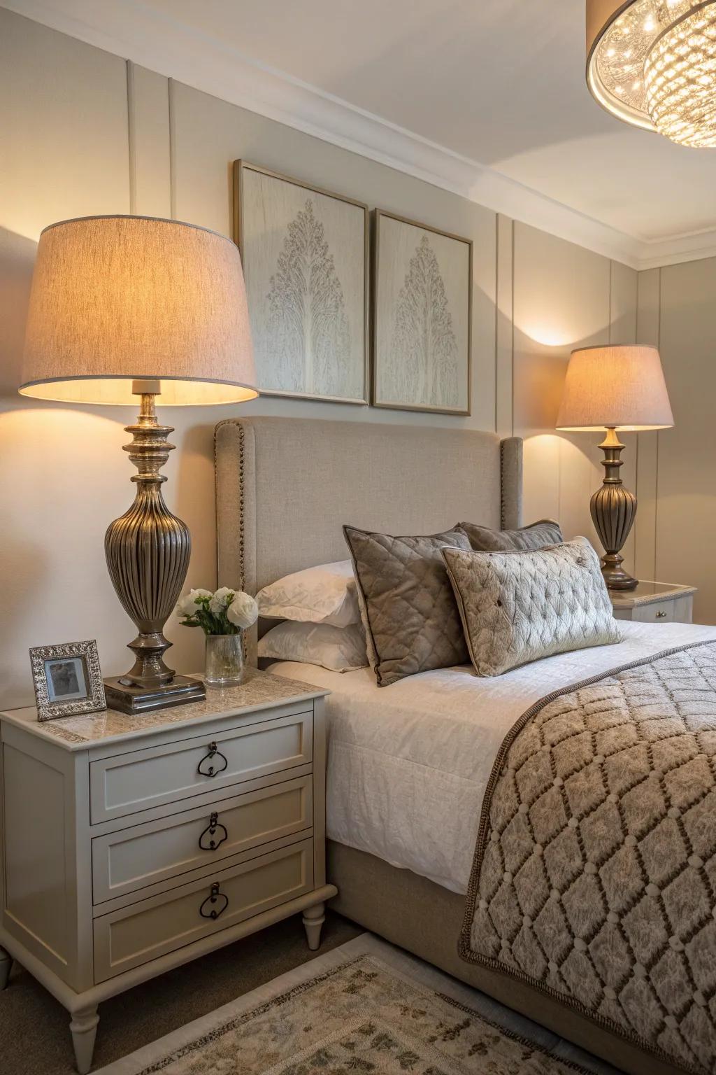 Taupe and grey lamps providing ambient lighting.