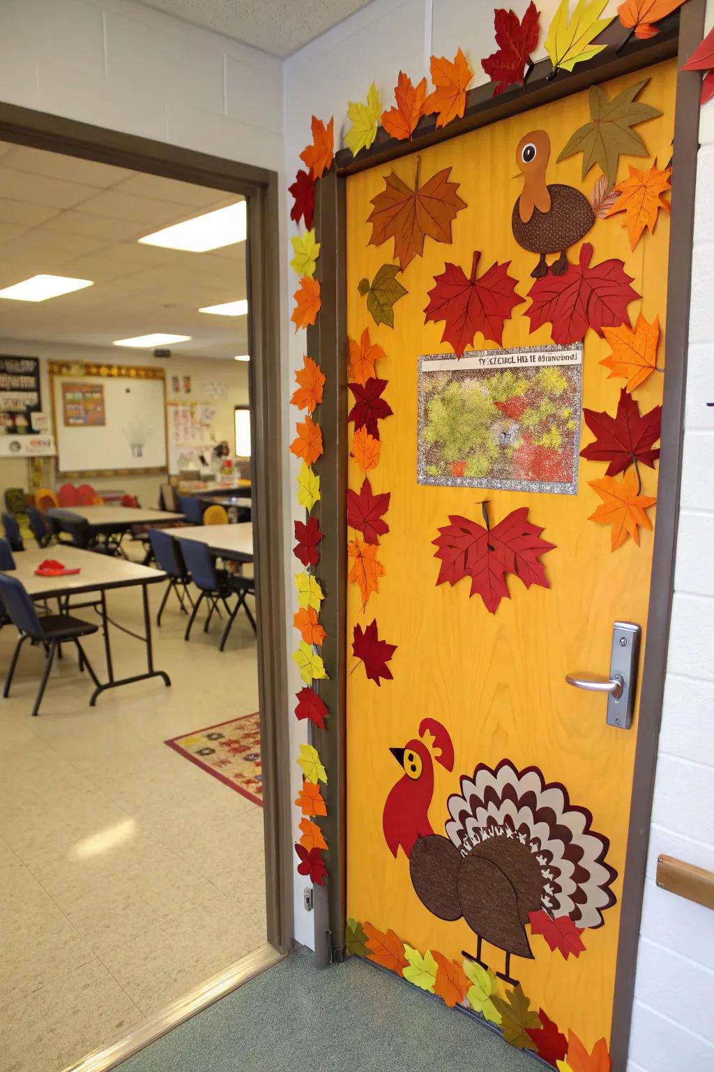 A welcoming Thanksgiving-themed door greets students.