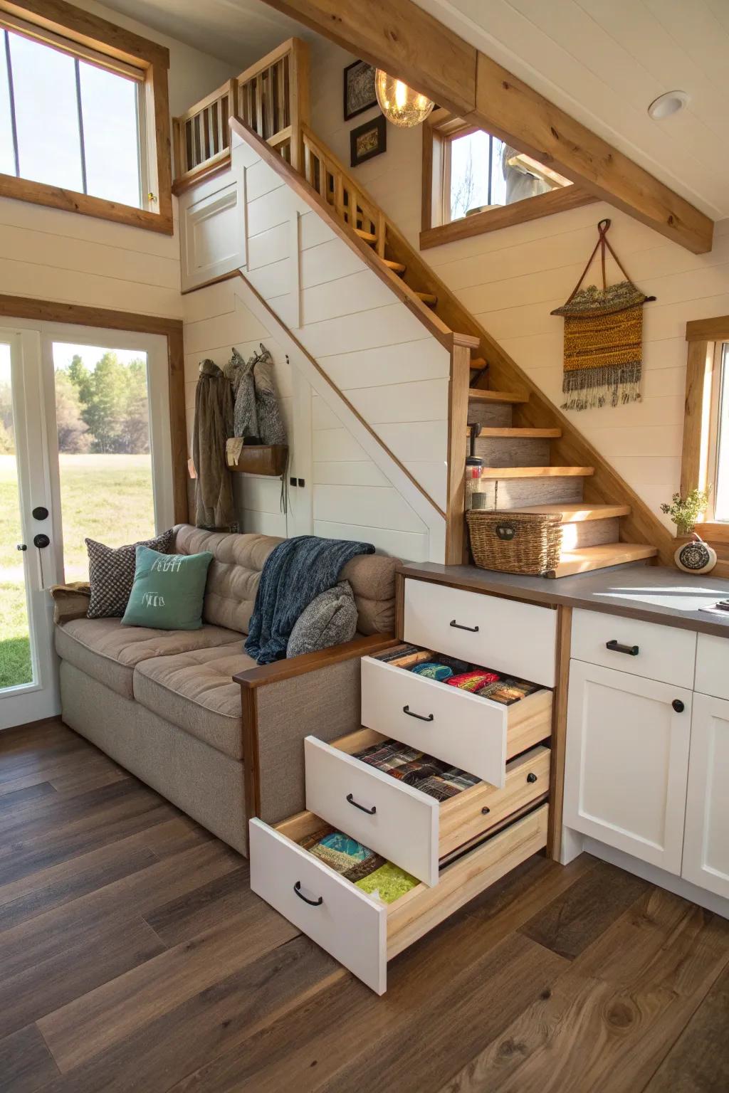 Hidden storage under the stairs keeps this tiny house organized.