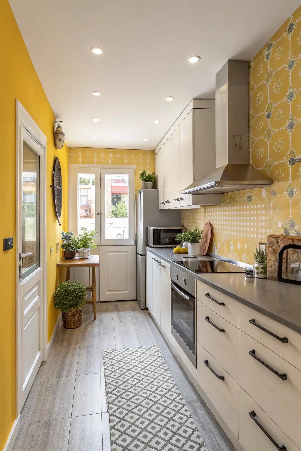 A townhouse kitchen with cheerful yellow walls for a lively atmosphere.