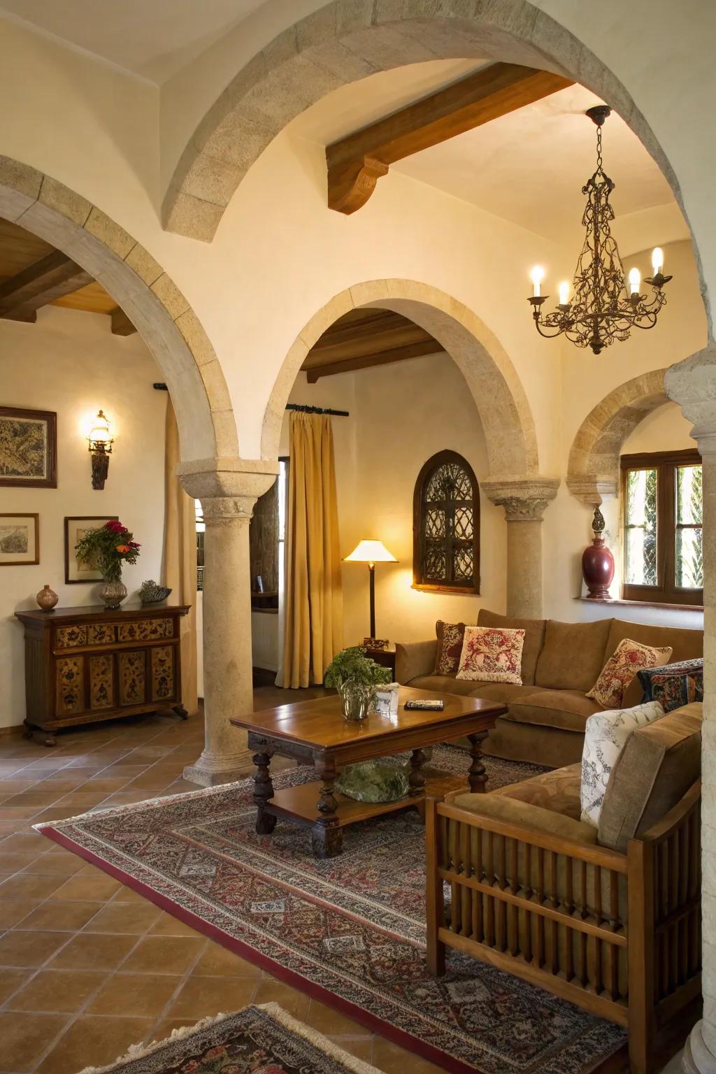 Architectural elements add grandeur to this traditional living room.