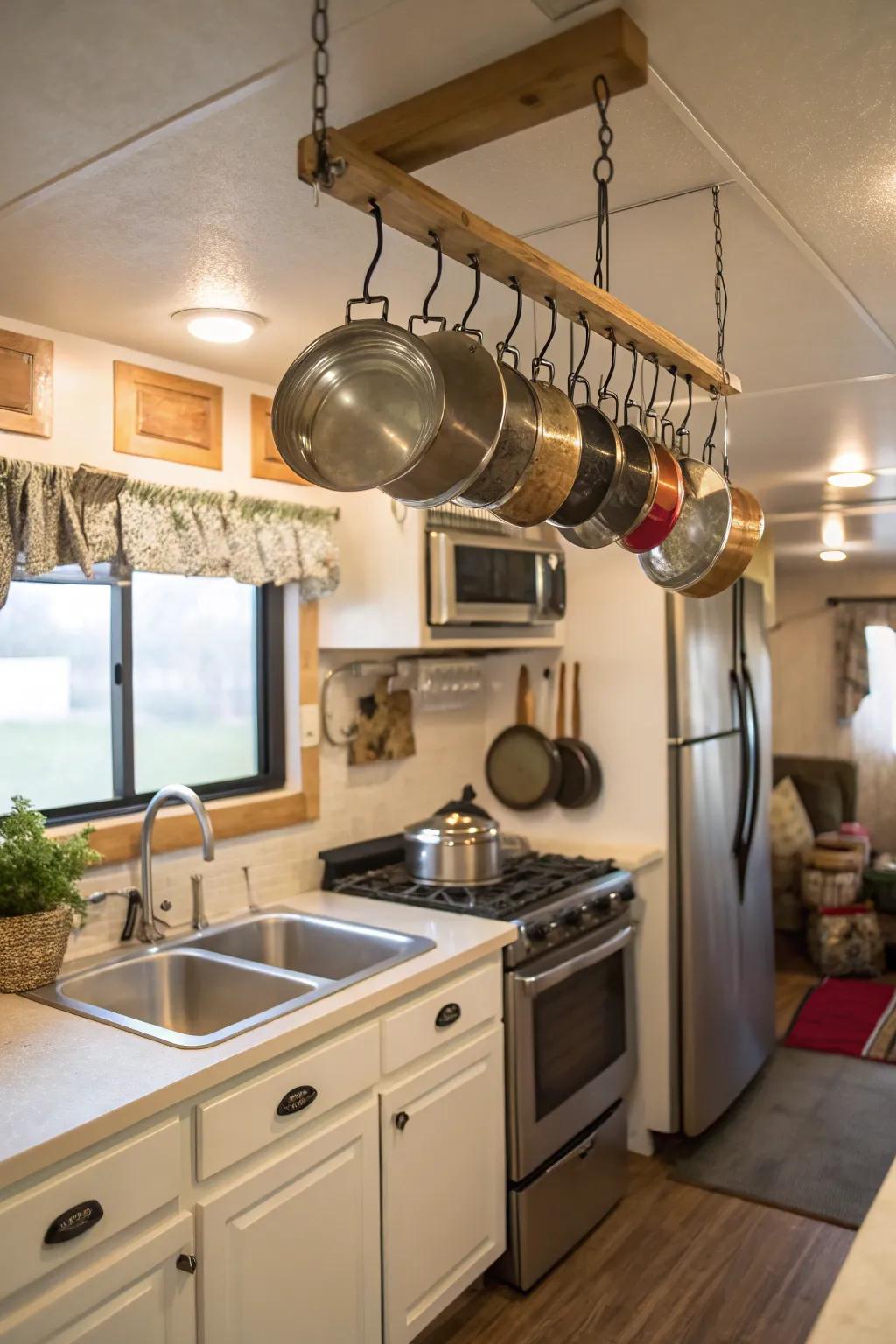 A pot rack saves space and adds a rustic touch.